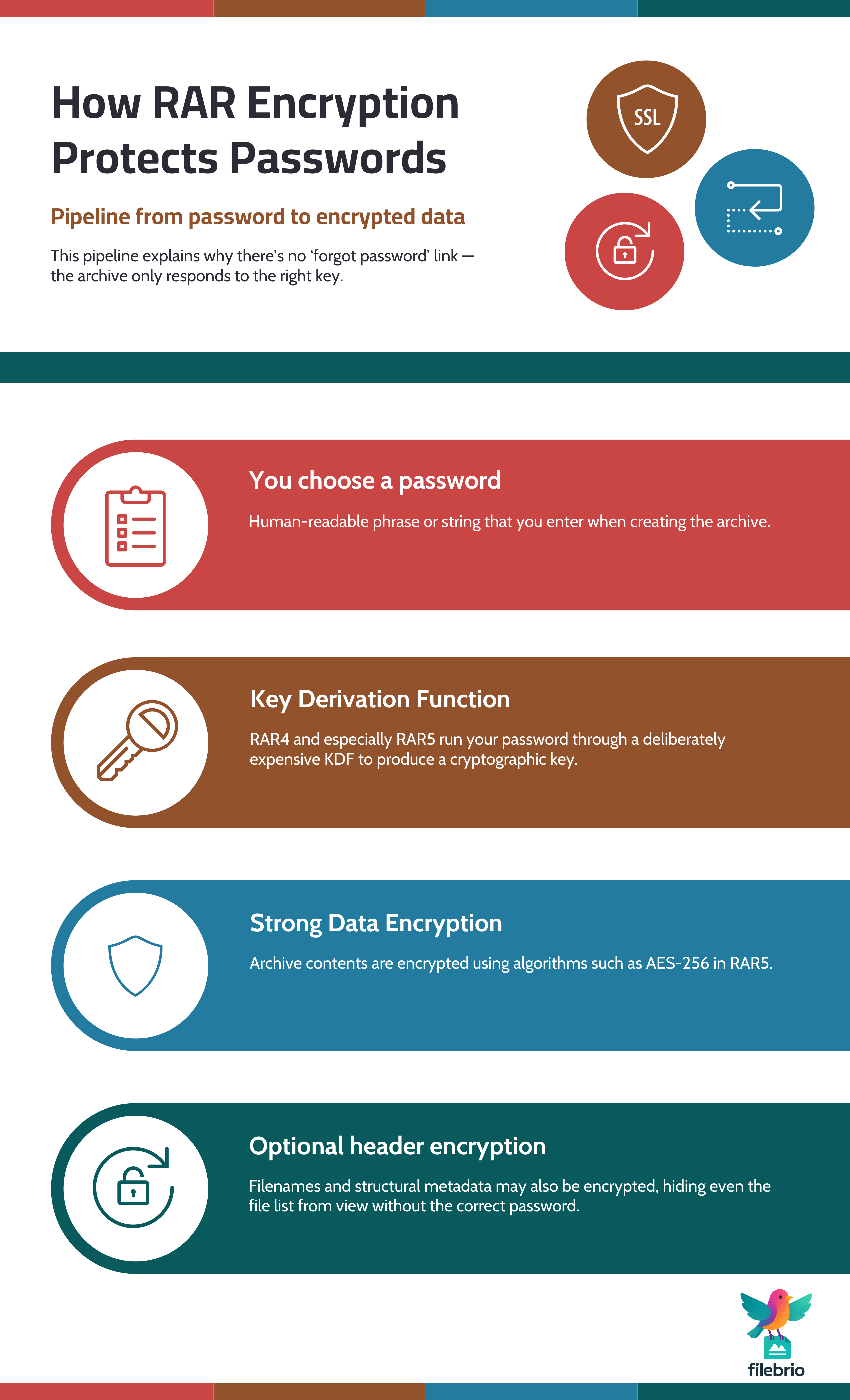Vertical flow diagram showing the RAR encryption process from password entry through key-derivation, AES-based encryption of contents, and optional header encryption that hides filenames.