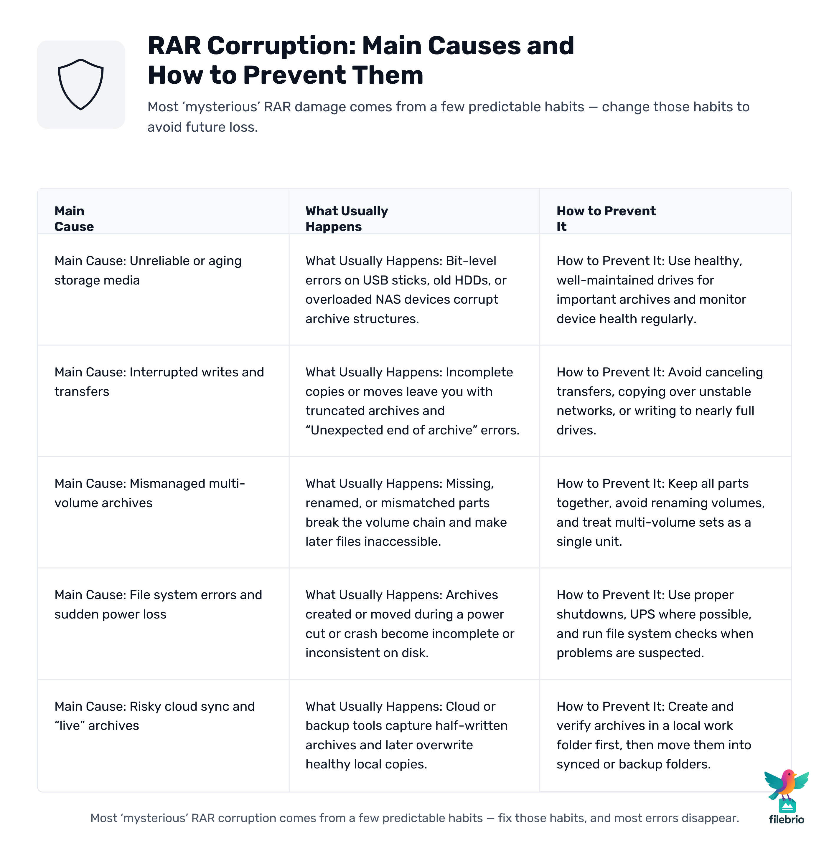 Infographic summarizing main causes of RAR corruption such as unreliable storage, interrupted transfers, mismanaged multi-volume archives, file system errors, and risky cloud sync, with matching prevention tips.
