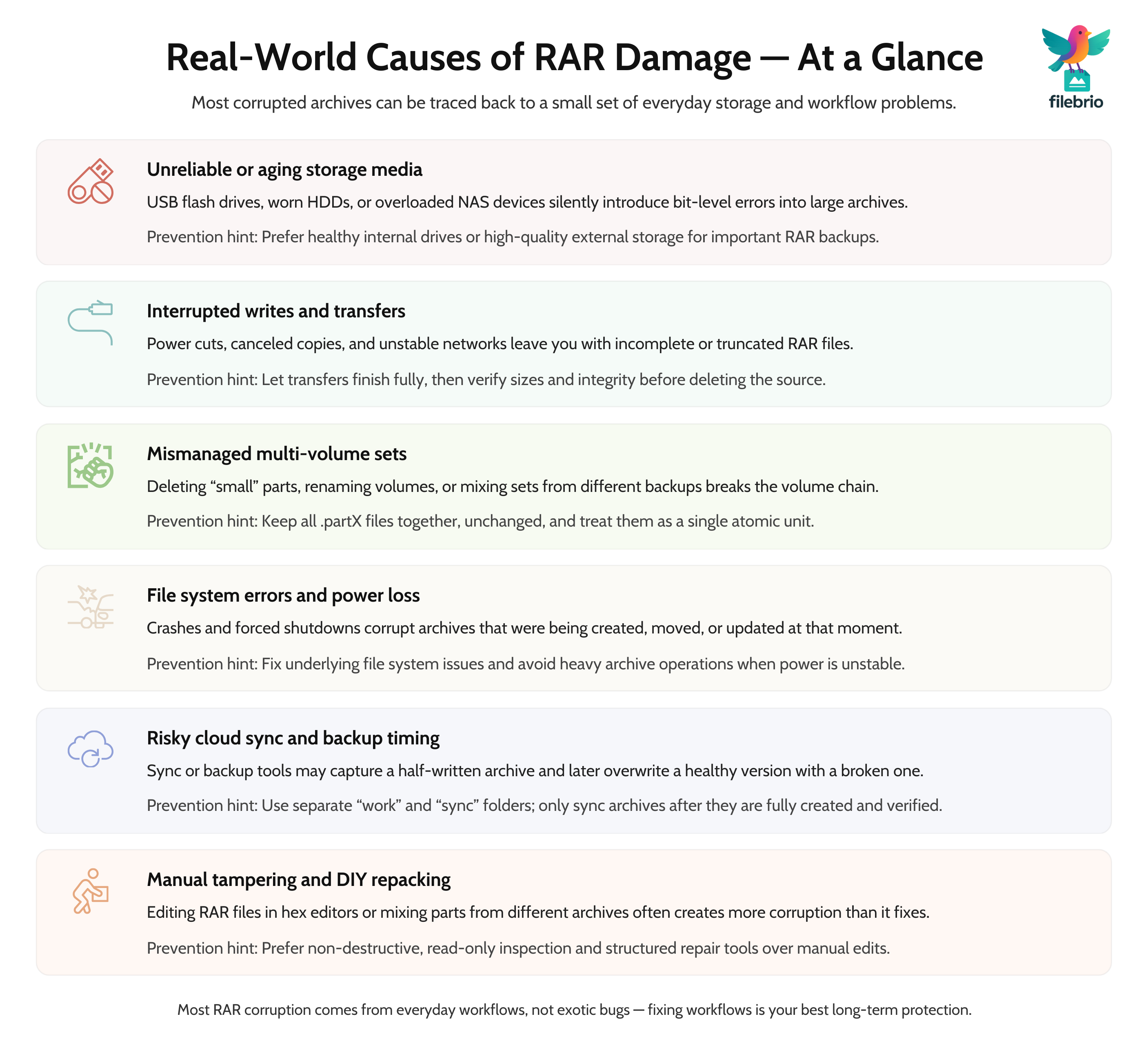 Infographic listing real-world causes of RAR damage such as unreliable storage, interrupted transfers, mismanaged multi-volume sets, file system errors, risky cloud sync, and manual tampering, with short prevention hints.