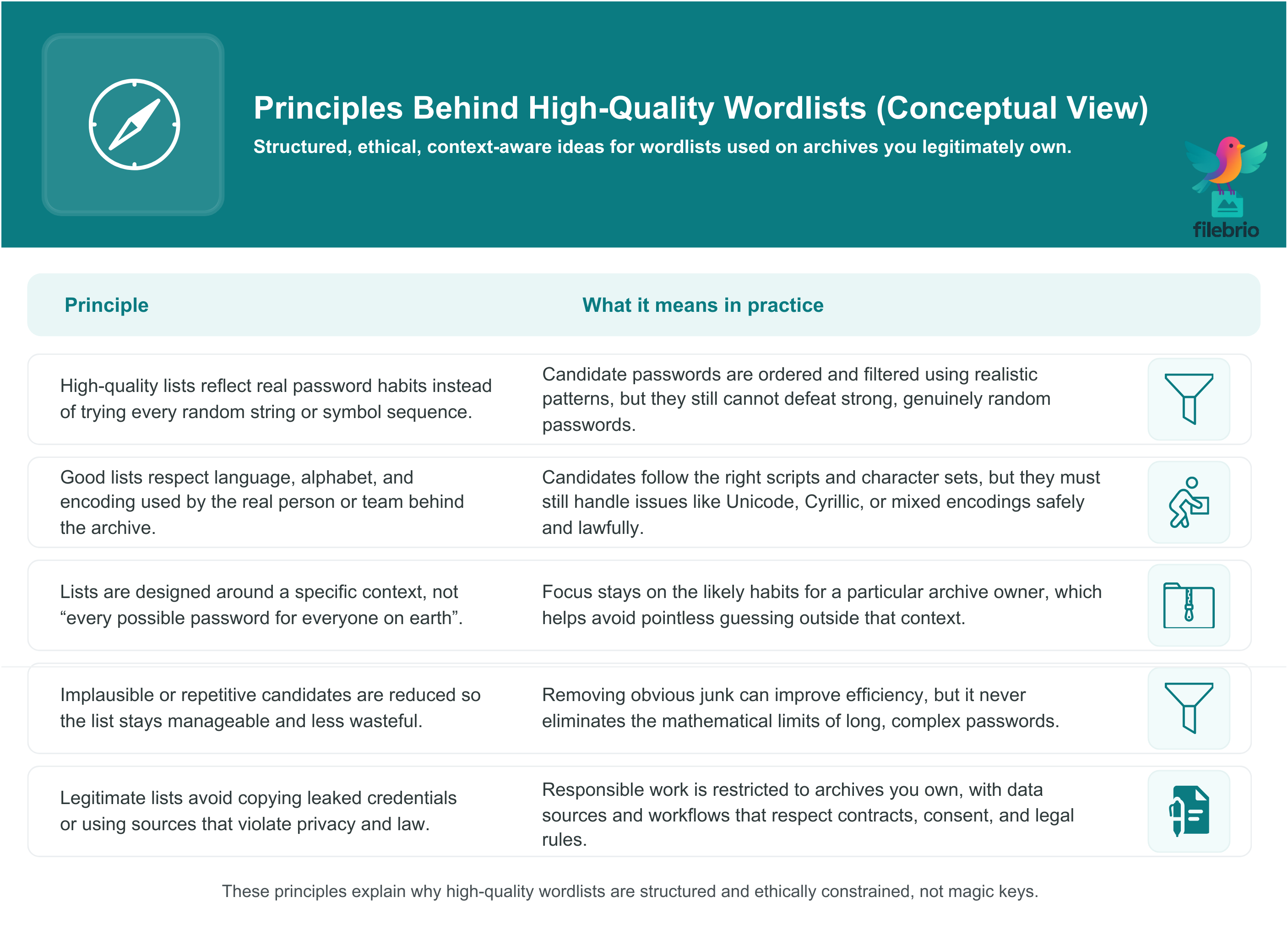 Two-column infographic listing conceptual principles behind high-quality password wordlists and what each principle means in practice.