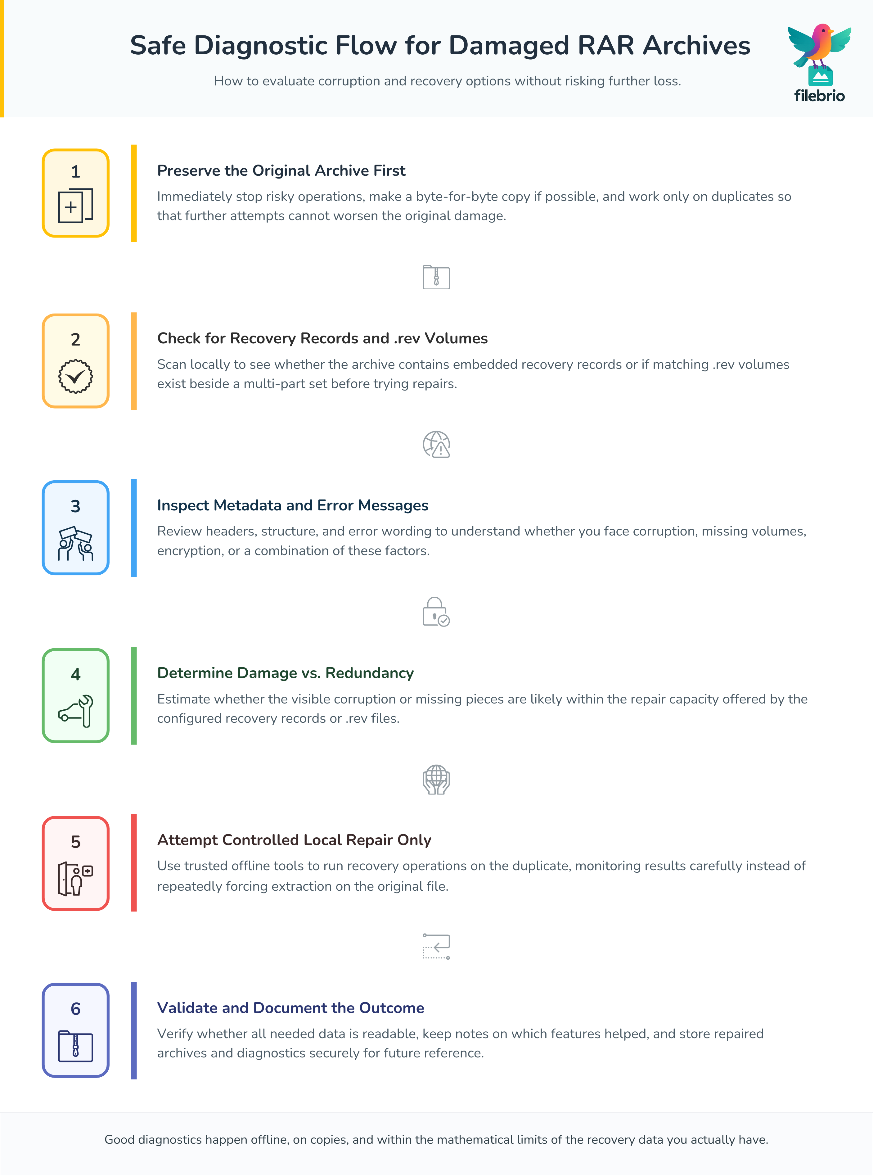 Vertical six-step flowchart showing a safe diagnostic process for damaged RAR archives, from preserving the original to using recovery data and validating results offline.
