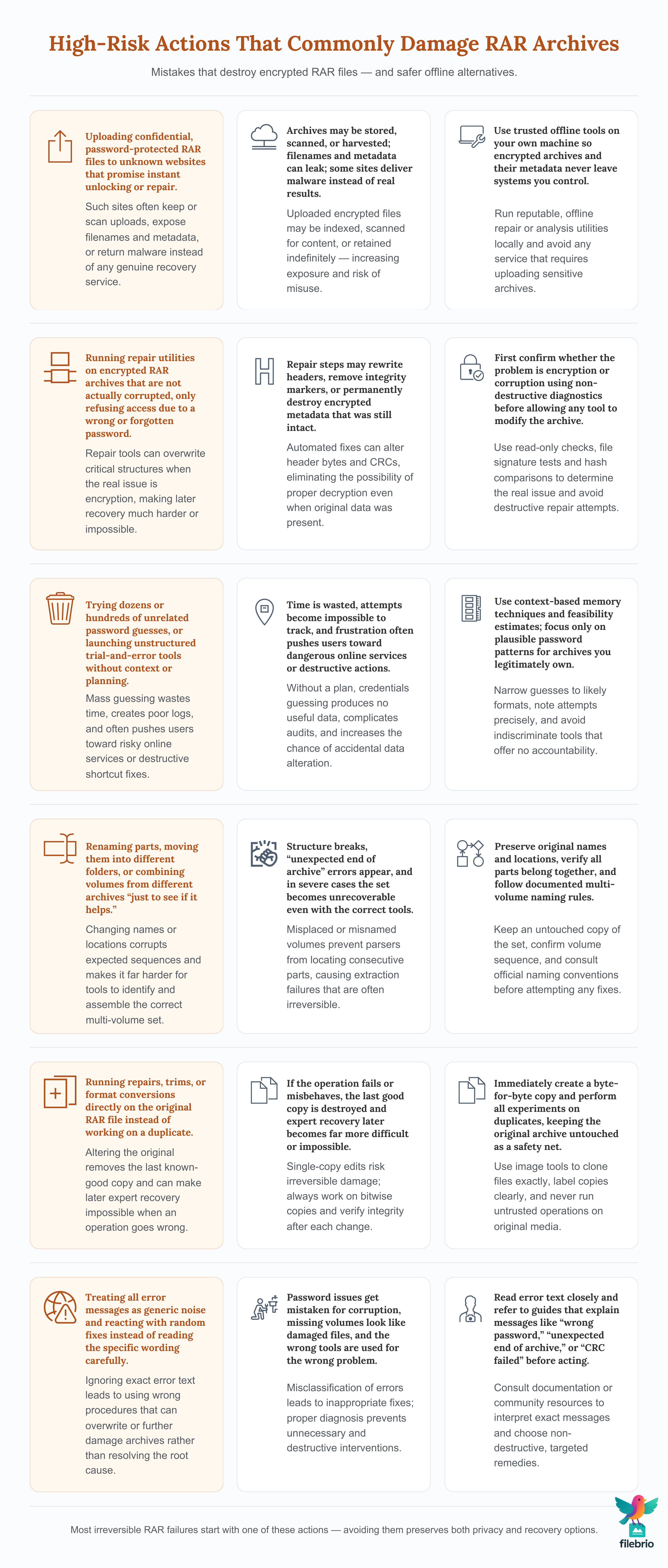 Risk matrix listing dangerous actions with encrypted RAR archives, the damage they cause, and safer offline alternatives for each case.