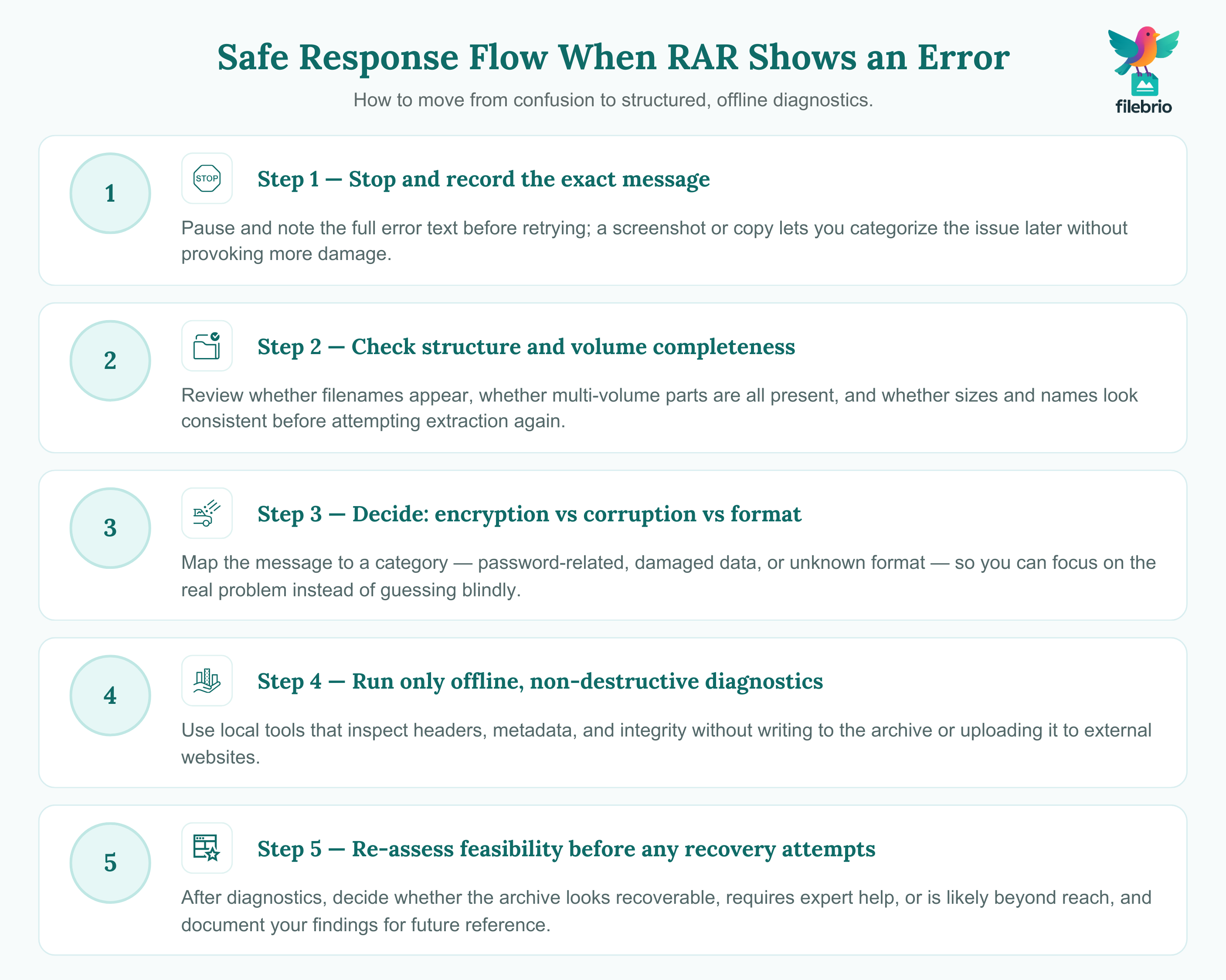 Vertical flow infographic describing a safe, offline diagnostic workflow to follow when RAR shows an error message.