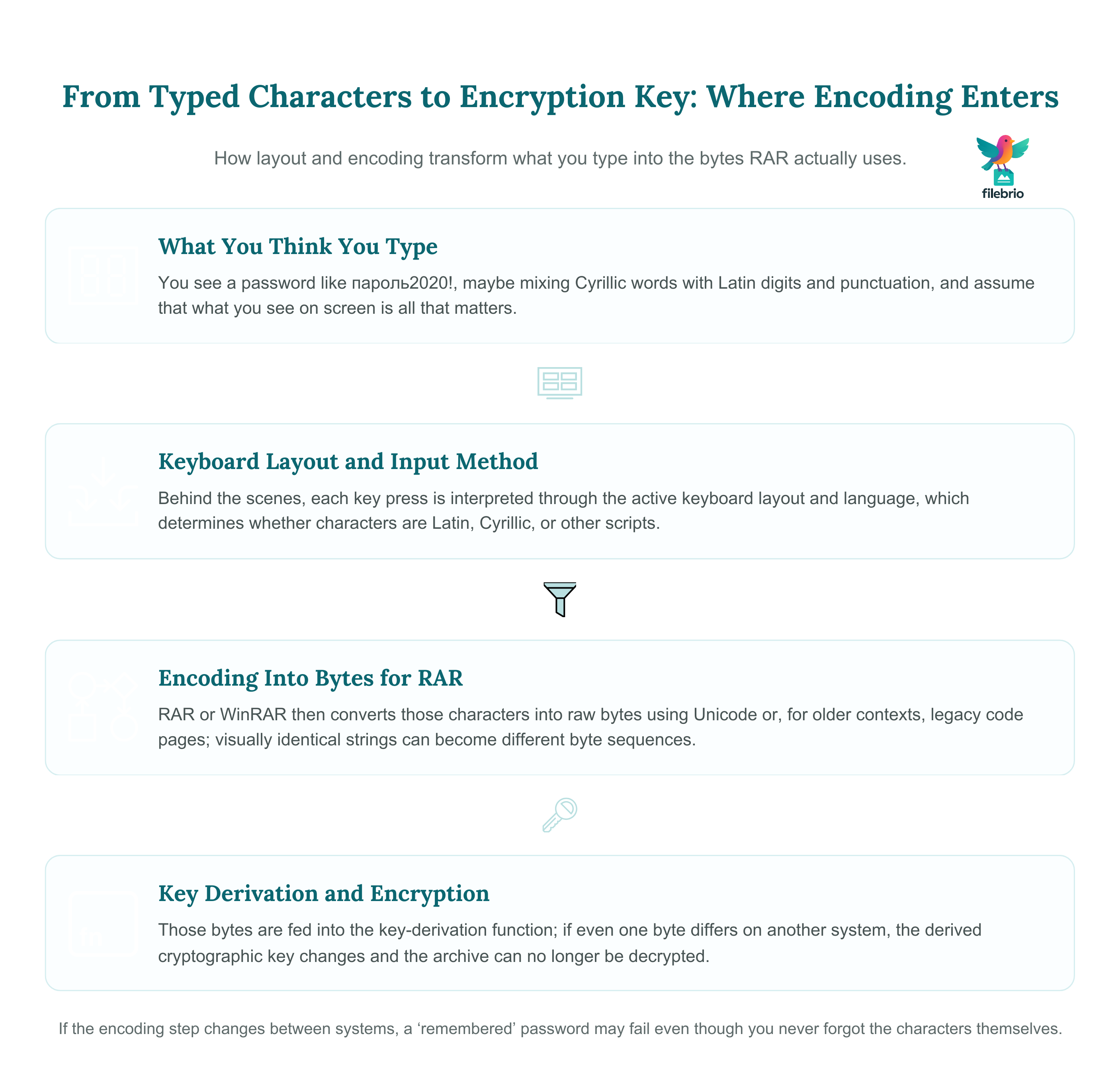 Vertical flow diagram showing how a visible password passes through keyboard layout and character encoding before RAR derives the final encryption key.