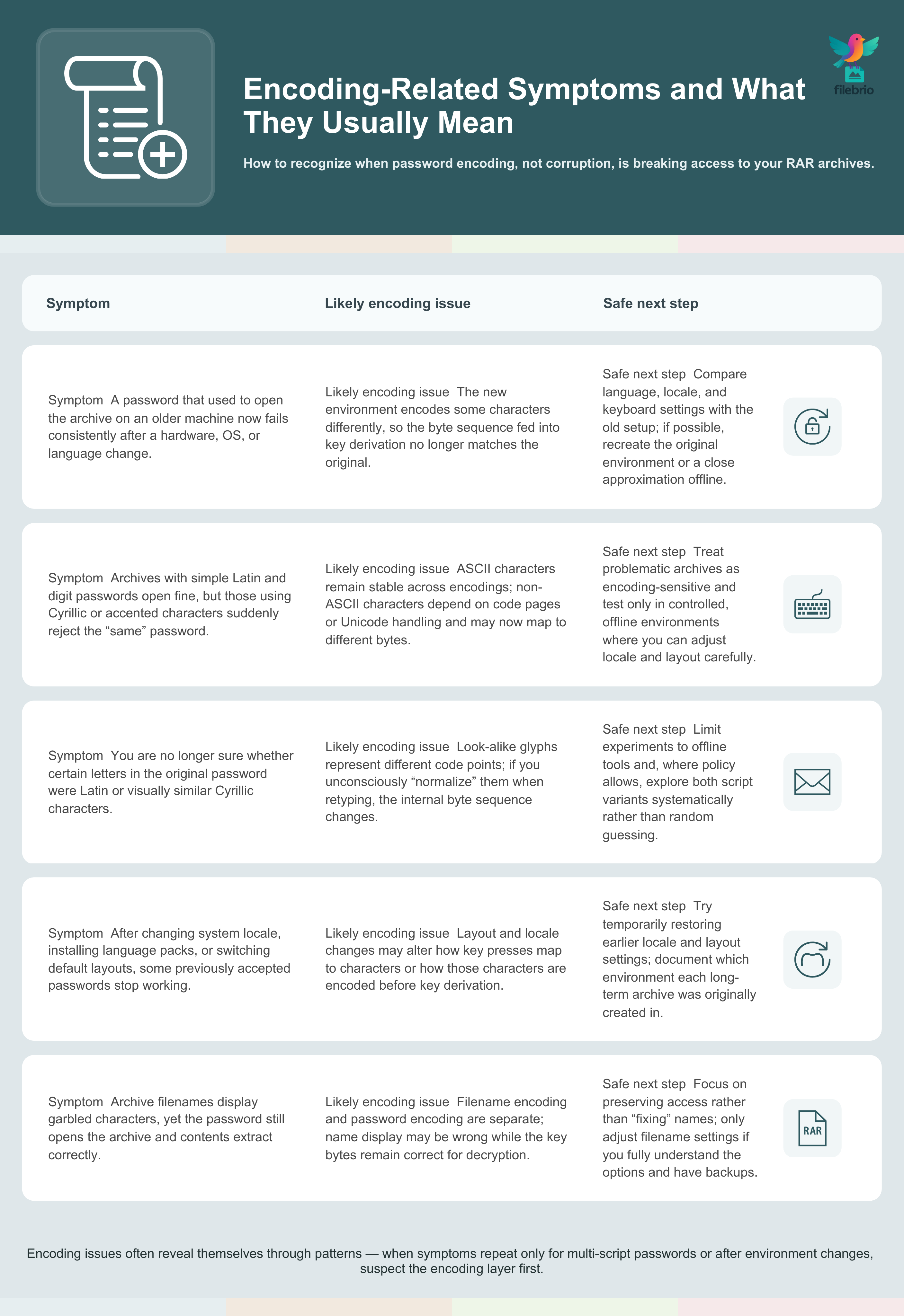 Three-column table listing recurring symptoms of encoding problems with RAR passwords, their likely causes, and safe next diagnostic actions.