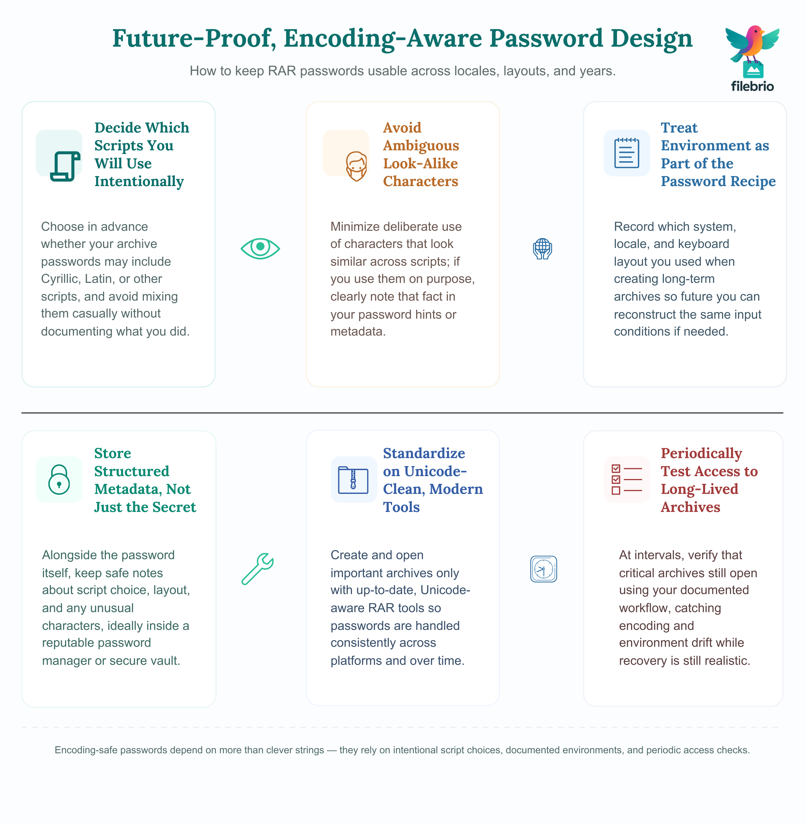 Two-row workflow diagram summarizing six steps for designing and documenting RAR passwords that remain usable despite script and encoding changes over time.