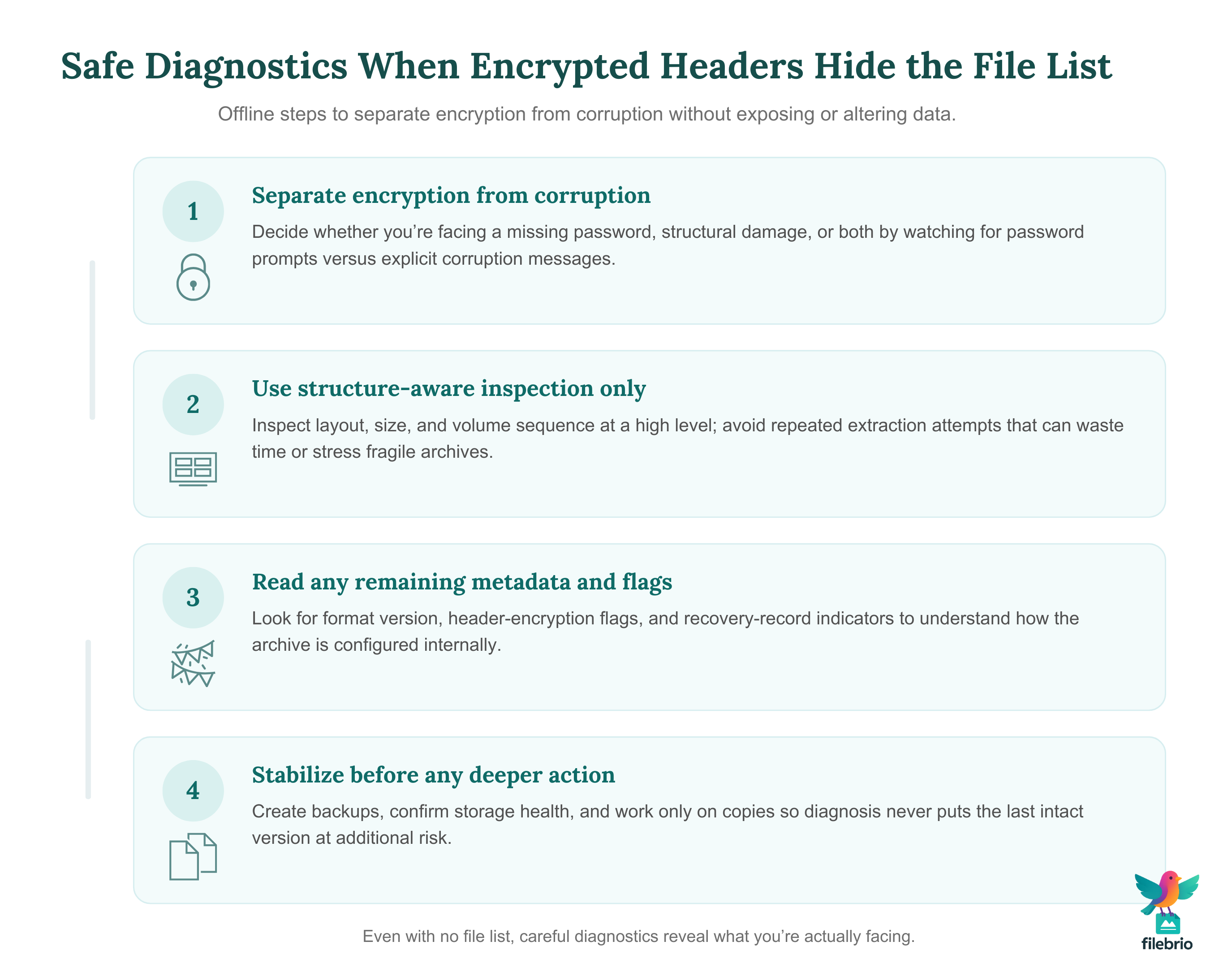 Vertical flow infographic showing a safe diagnostic workflow for protected SFX RAR installers, from confirming the file type to inspecting metadata offline and classifying the issue.