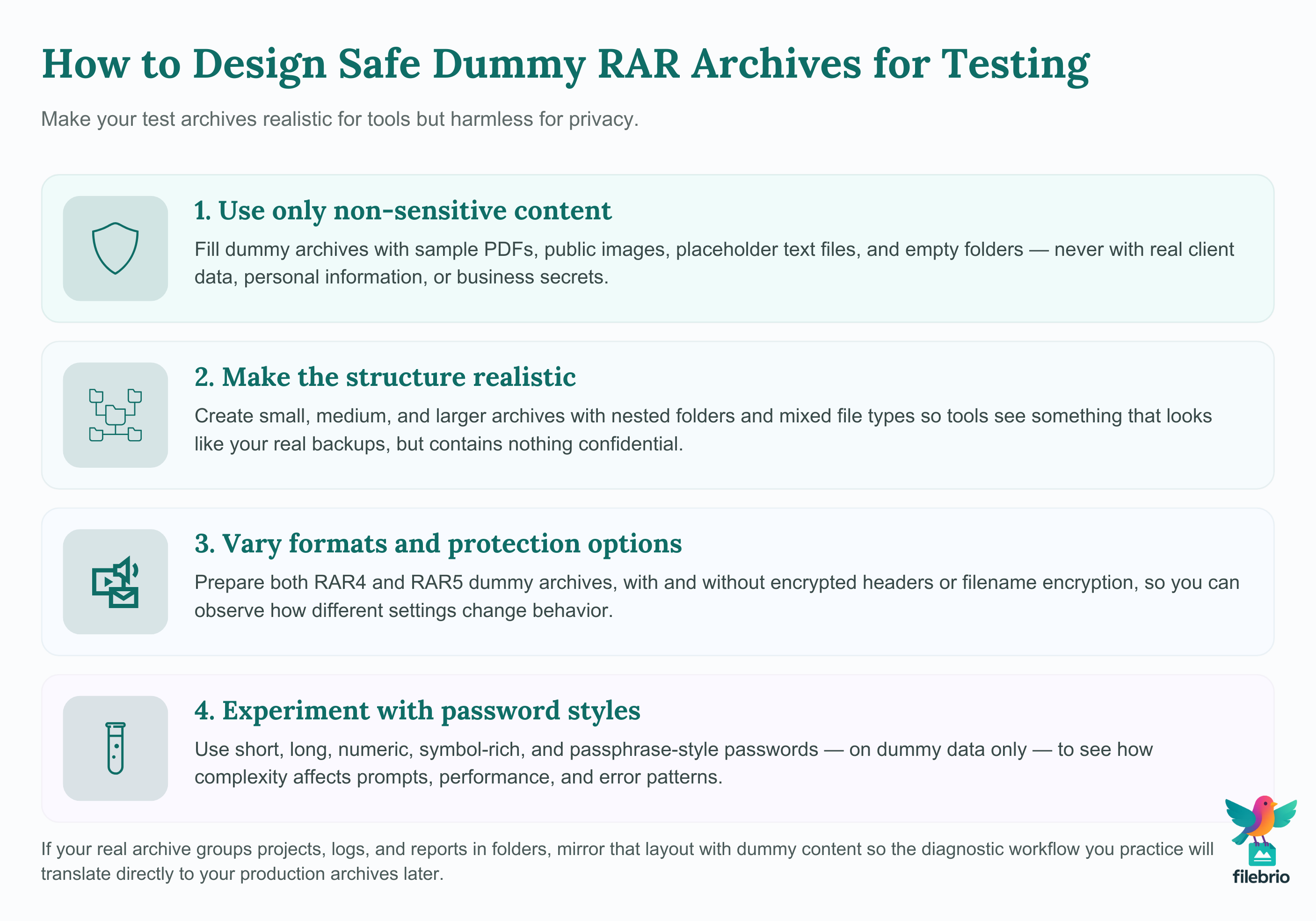 Multi-section checklist describing how to design safe dummy RAR archives with non-sensitive content, realistic structure, varied formats, and different password styles.