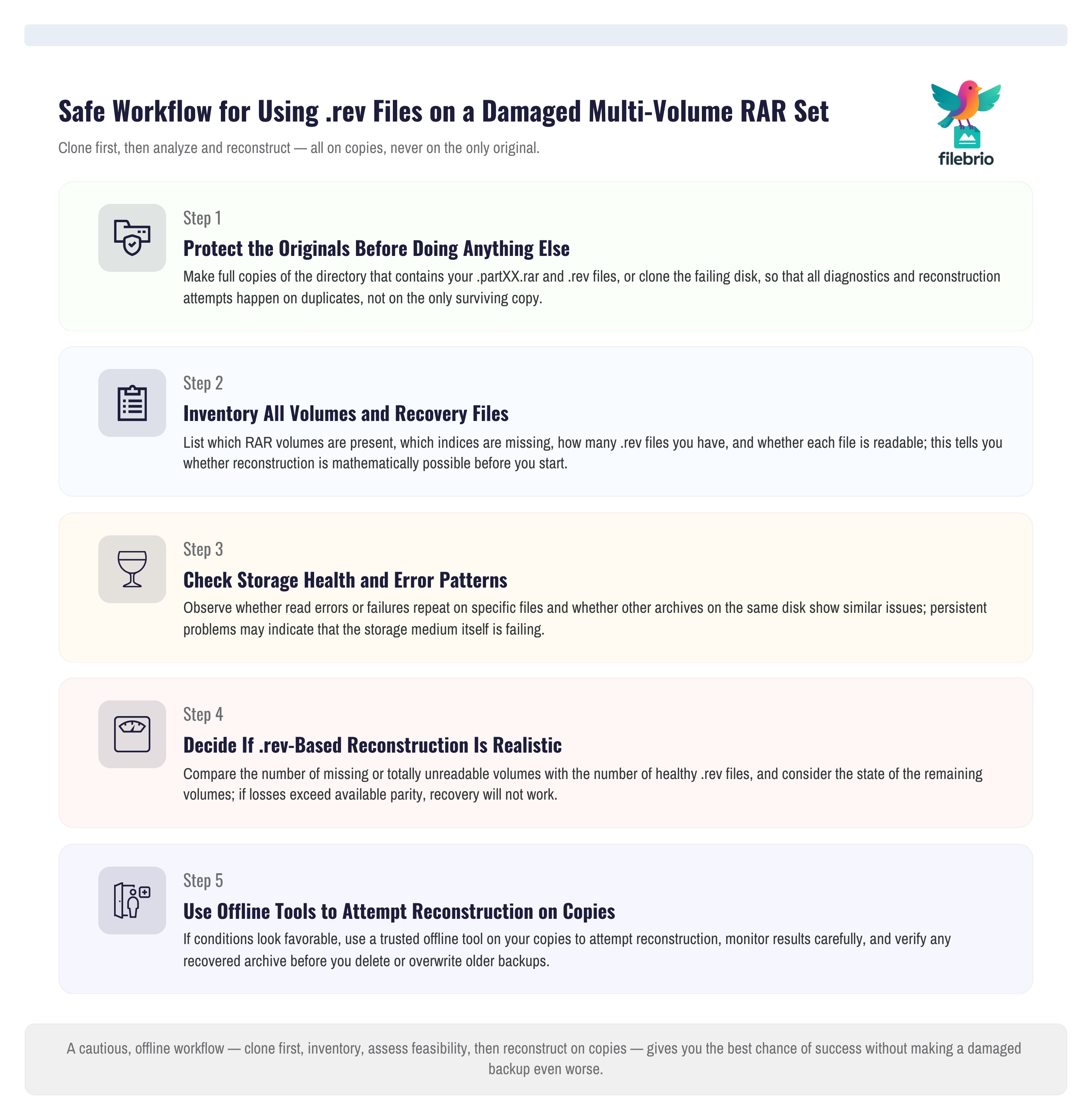 Five-step vertical process diagram showing a safe workflow: protect originals, inventory volumes and .rev files, check storage health, decide feasibility, then attempt offline reconstruction on copies.