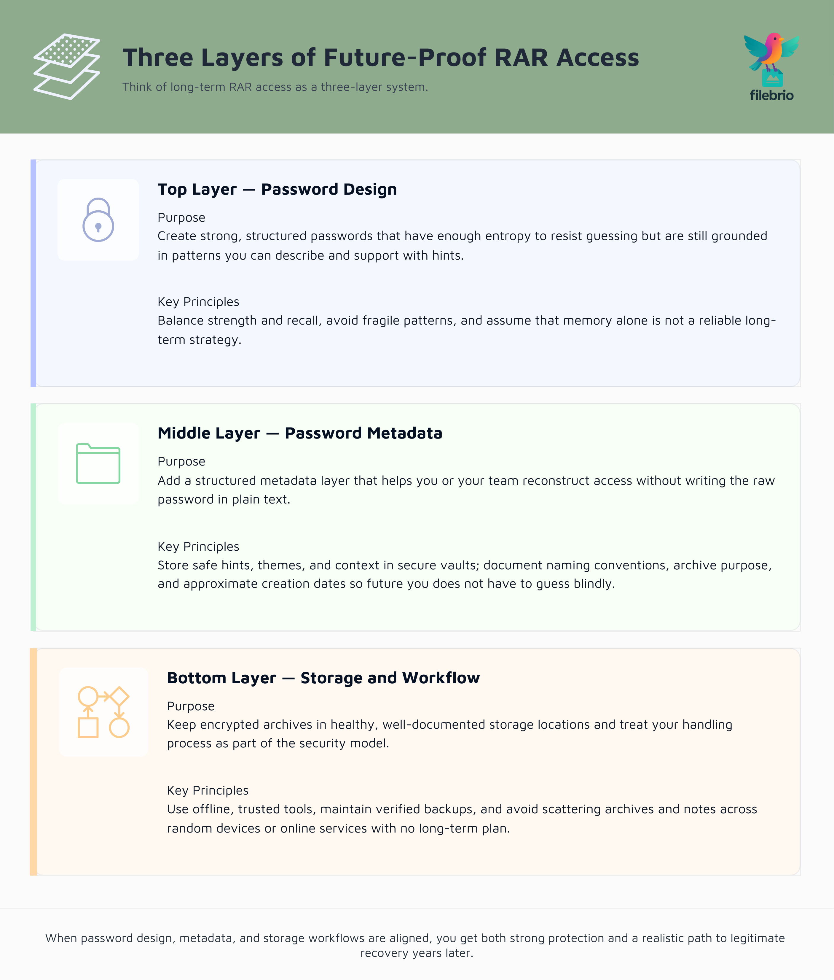 Three-layer diagram showing password design on top, password metadata in the middle, and storage plus workflow at the base for reliable long-term RAR access.
