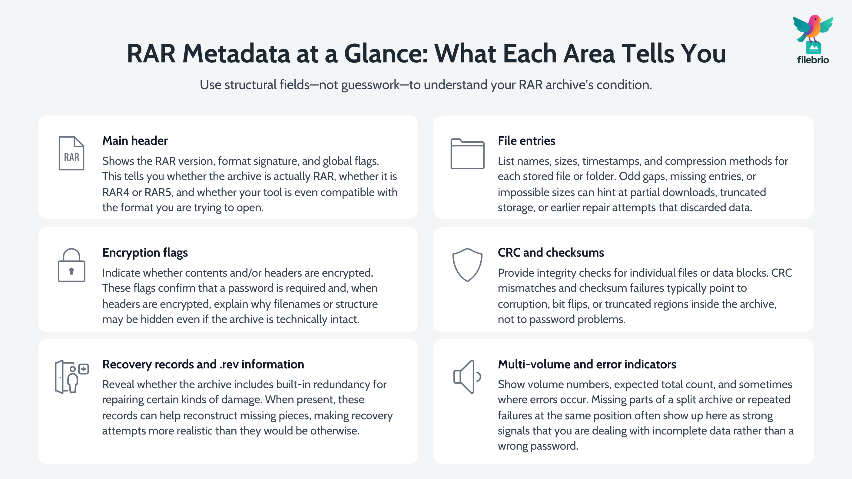 Overview graphic showing six RAR metadata areas: main header, file entries, encryption flags, CRC and checksums, recovery records, and multi-volume indicators.