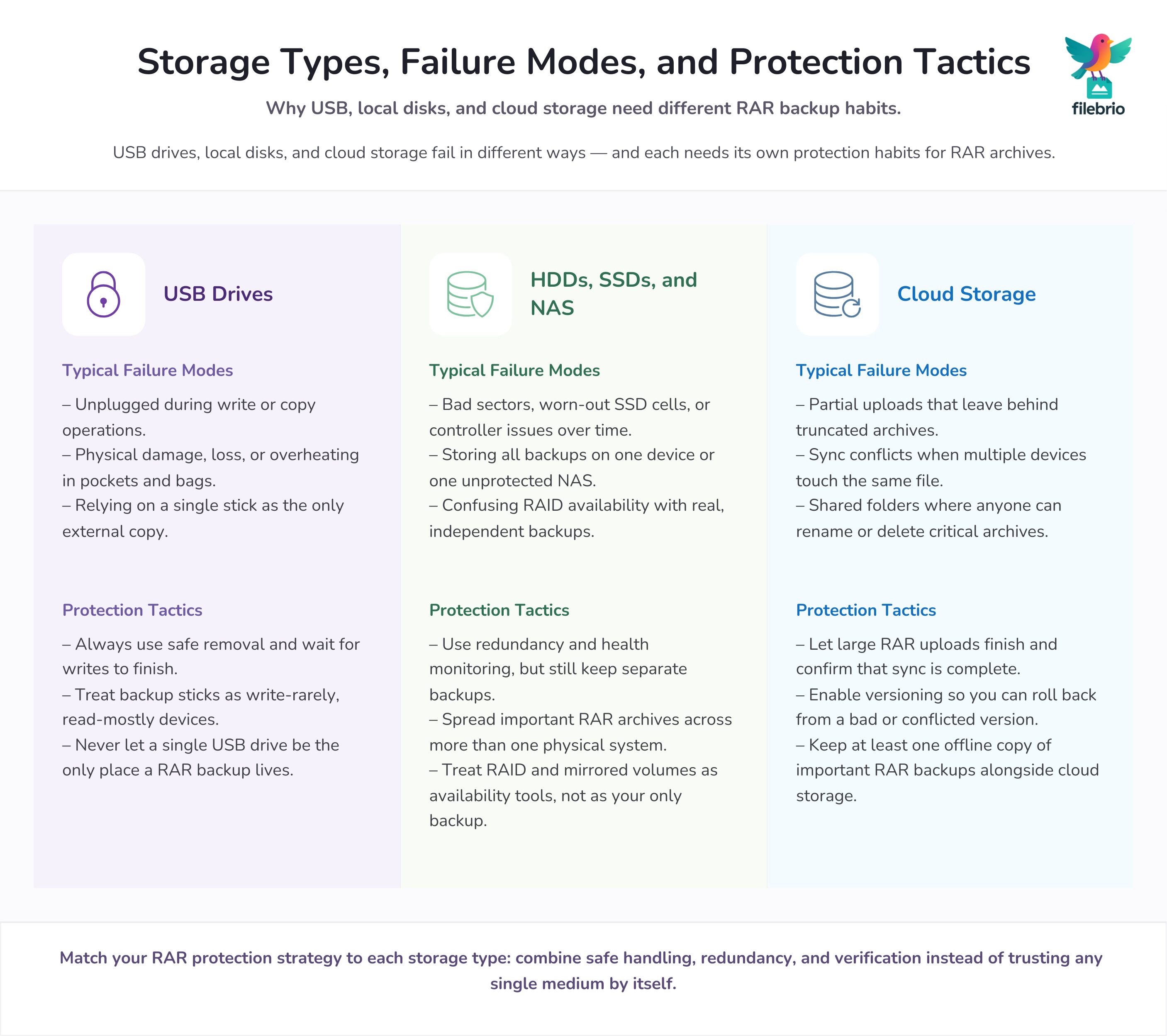 Three-column comparison of USB drives, HDDs/SSDs/NAS, and cloud storage, showing typical failure modes and protection tactics for RAR archives.
