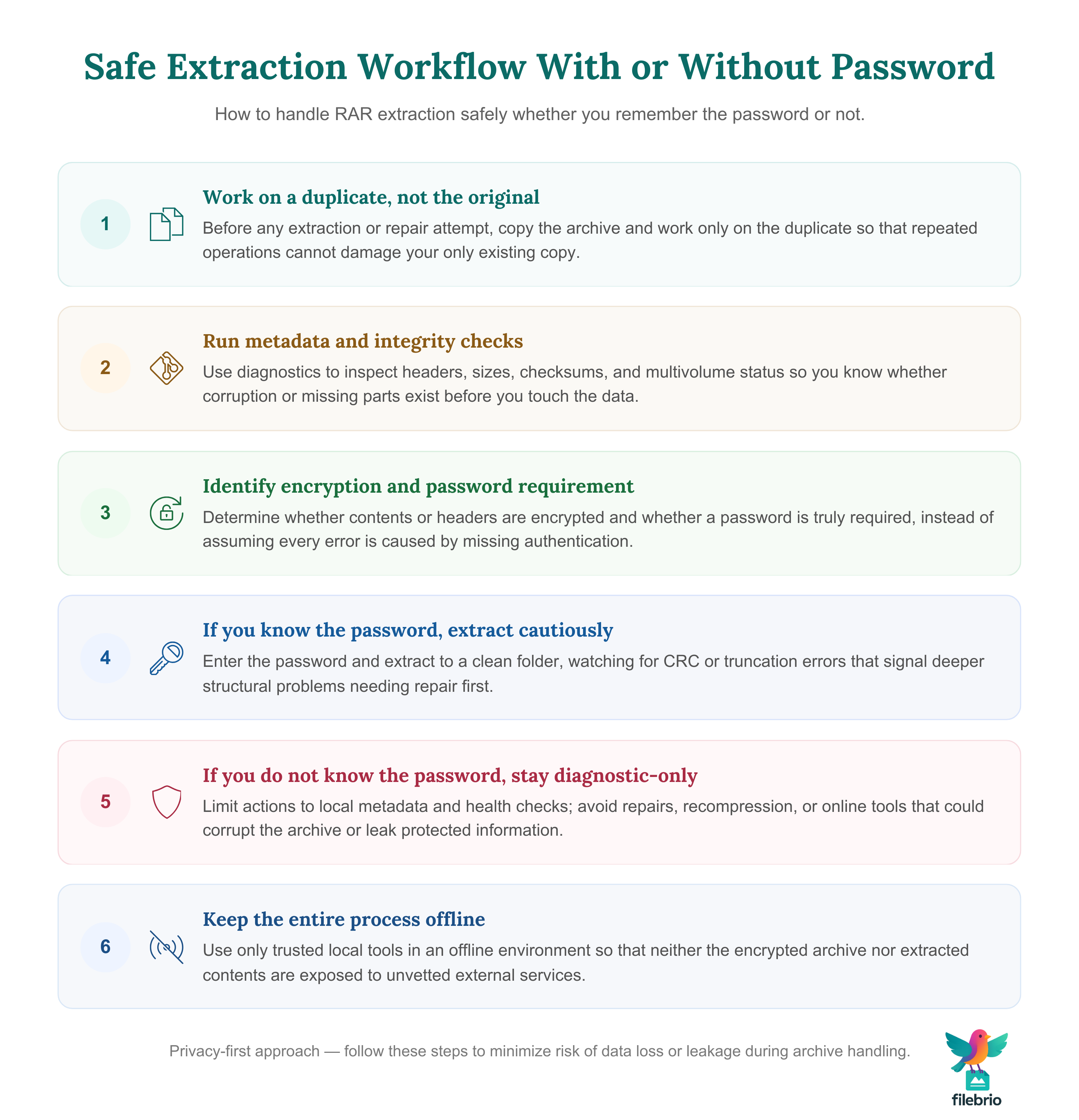 Vertical six-step workflow showing a safe extraction process for RAR archives, starting from duplicating the file and running diagnostics to either careful extraction or non-destructive analysis only.