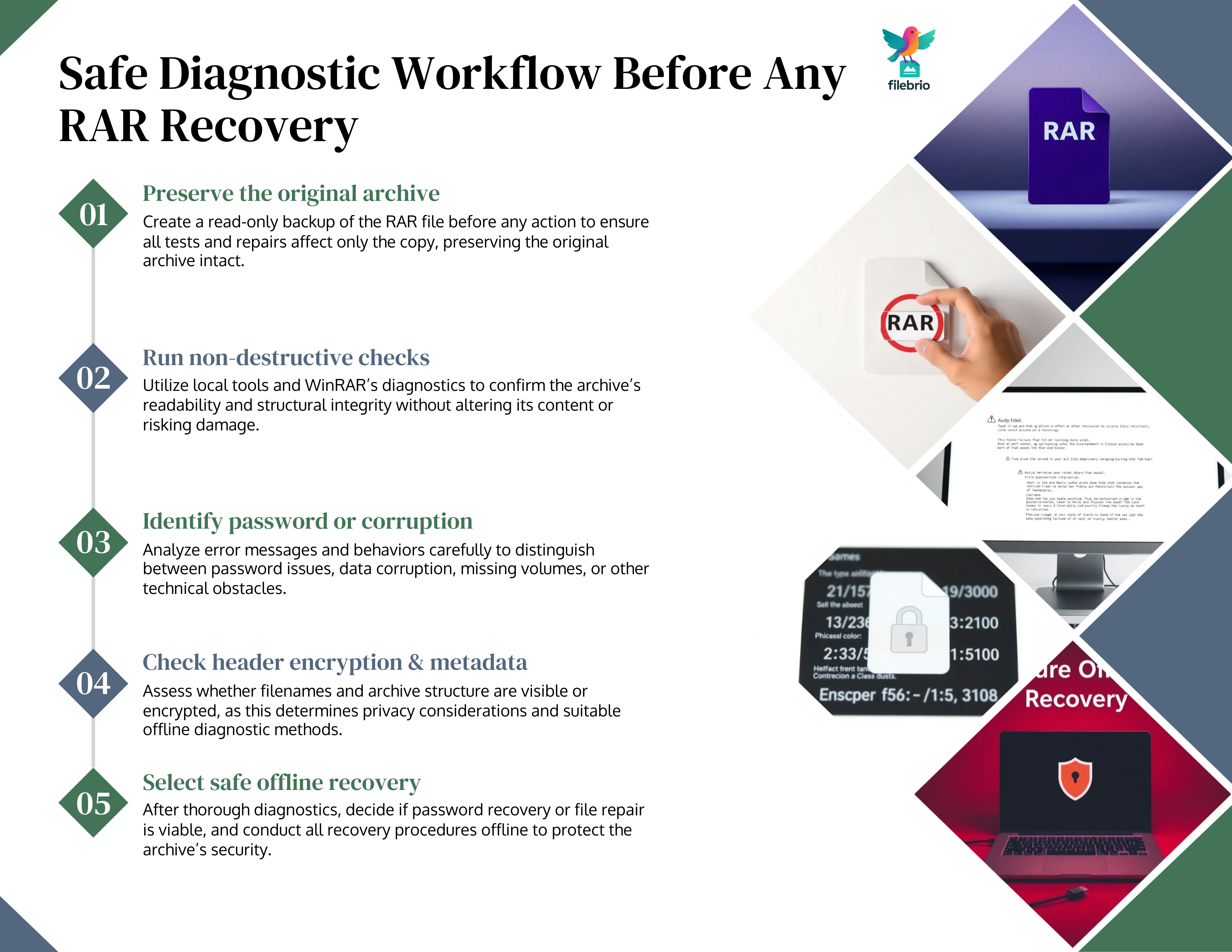 Vertical five-step workflow diagram outlining a safe diagnostic process to follow before attempting any RAR recovery or extraction.