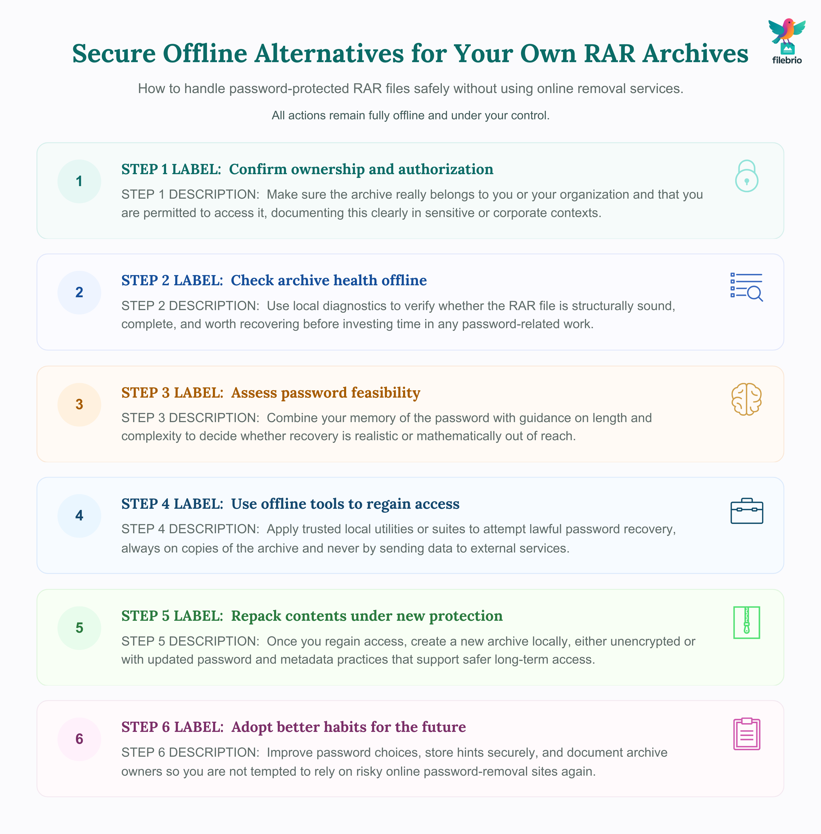 Vertical six-step workflow showing secure offline alternatives to online RAR password removal, from confirming ownership and running diagnostics to repacking archives locally.