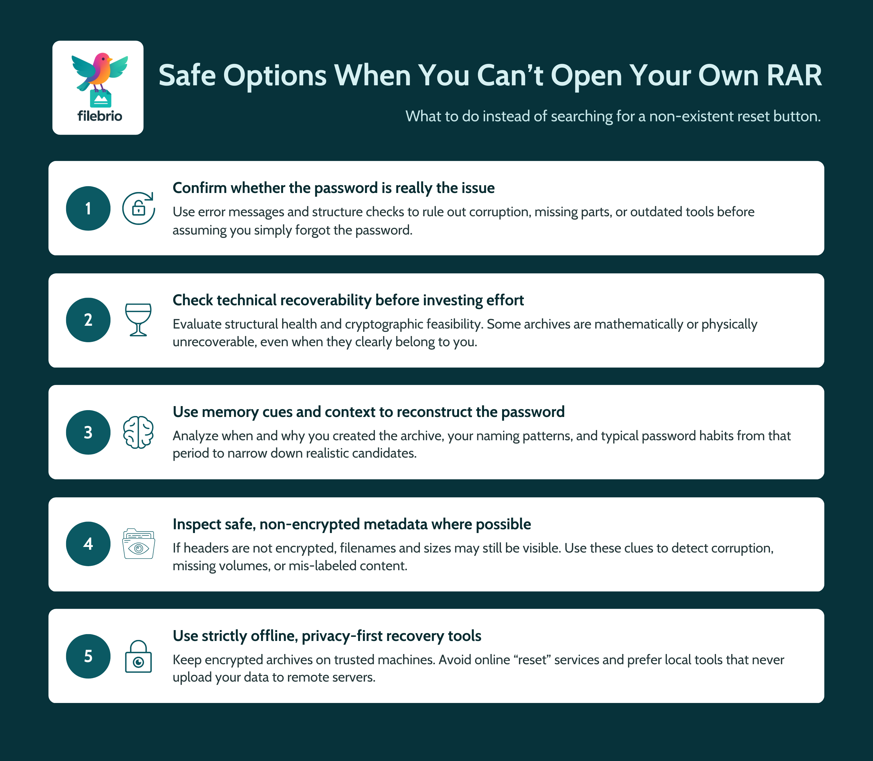 Vertical five-option diagram summarizing safe and realistic alternatives to a nonexistent RAR password reset for legitimate archive owners.